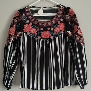 Savanna Jane Black and White Striped Top with Pink Floral Embroidery